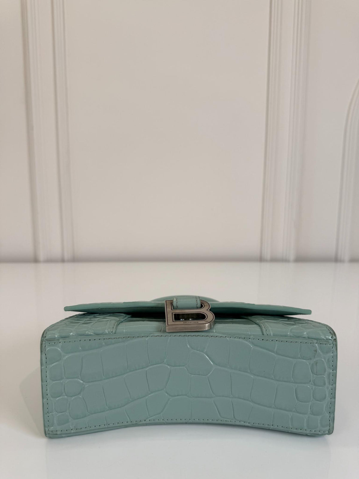 Balenciaga Green Aqua Croc Embossed Leather XS Hourglass Top Handle Bag