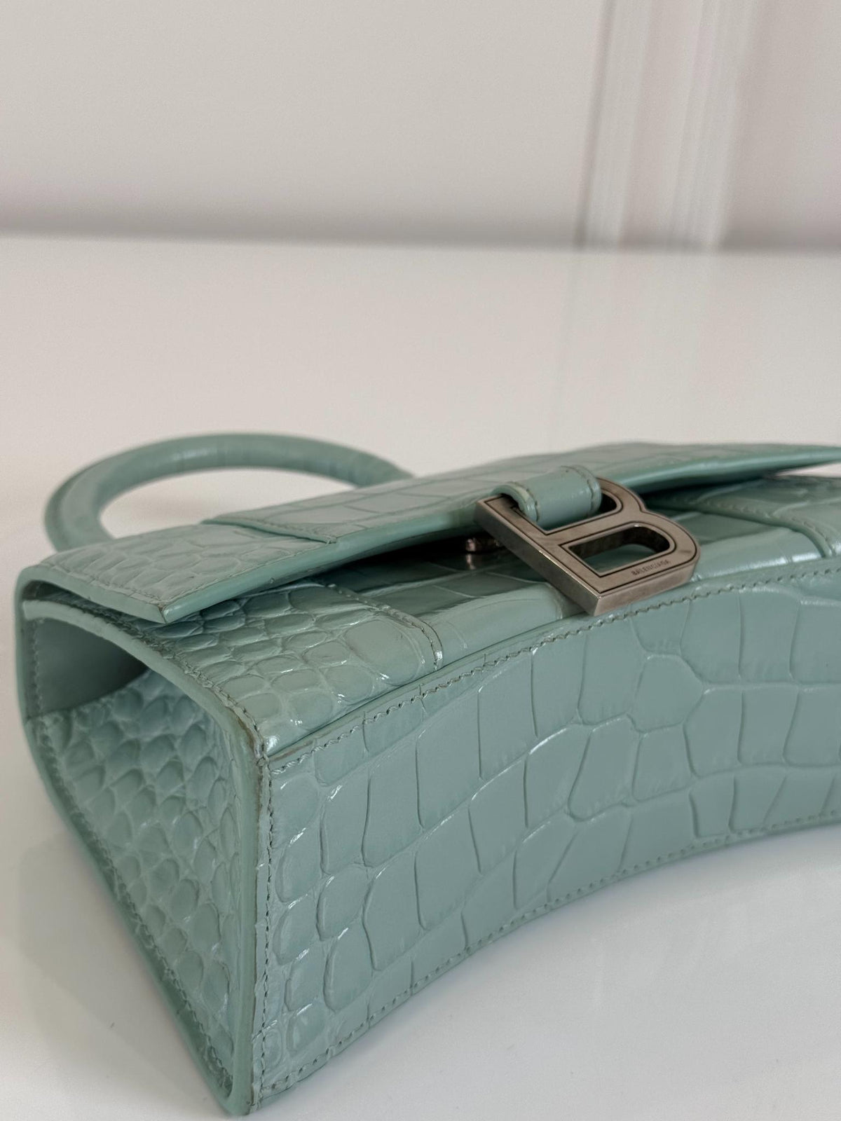 Balenciaga Green Aqua Croc Embossed Leather XS Hourglass Top Handle Bag