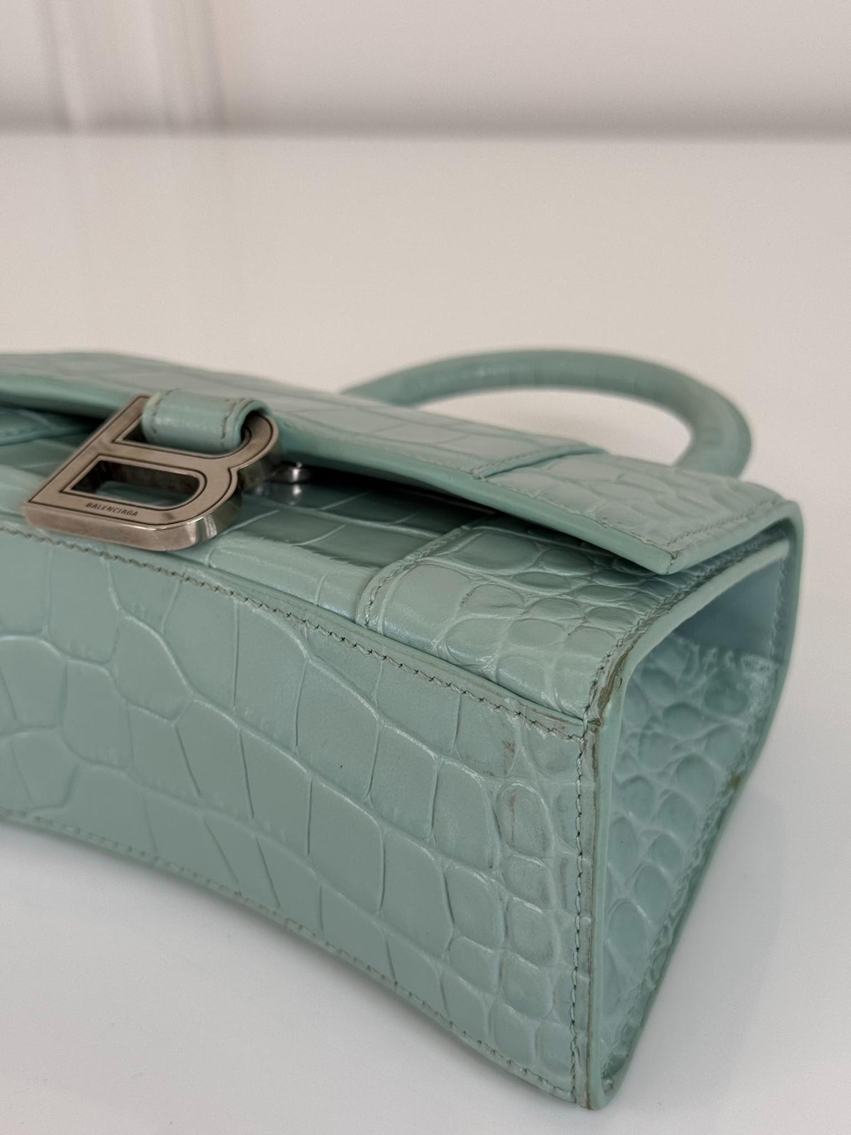 Balenciaga Green Aqua Croc Embossed Leather XS Hourglass Top Handle Bag