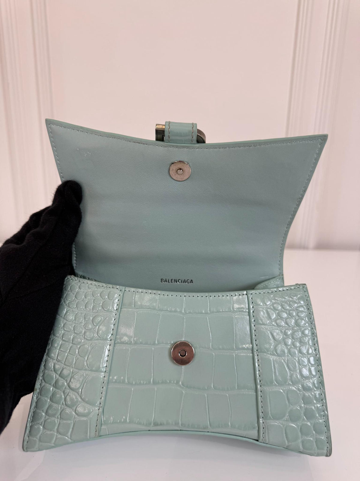 Balenciaga Green Aqua Croc Embossed Leather XS Hourglass Top Handle Bag