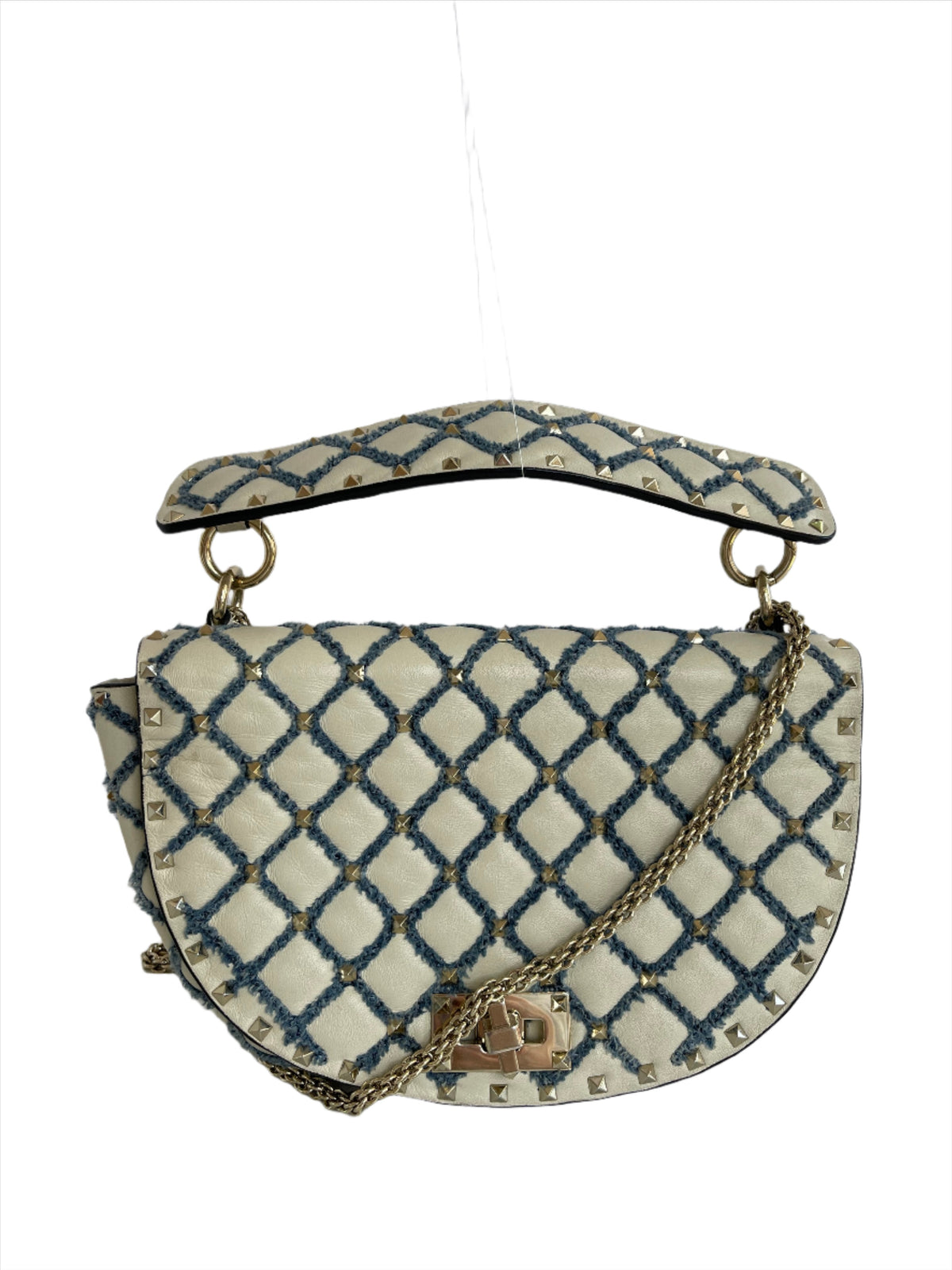 Valentino Garavani Rockstud Spike Halfmoon in Ivory Blue Round Bag
