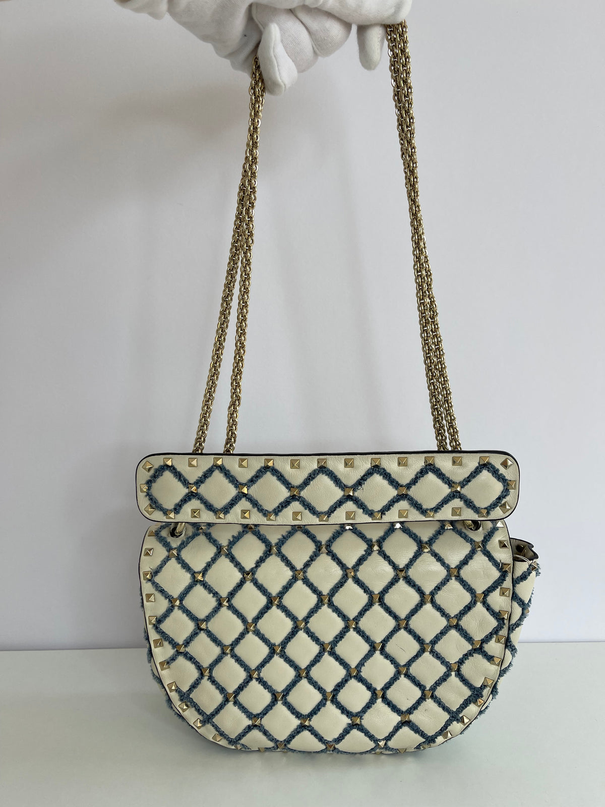 Valentino Garavani Rockstud Spike Halfmoon in Ivory Blue Round Bag