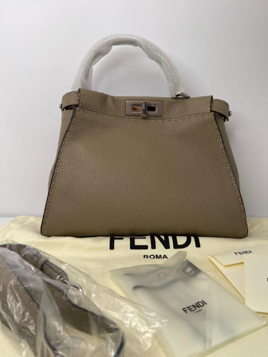 Fendi Peekaboo Regular Selleria 2Way Taupe Leather Handbag