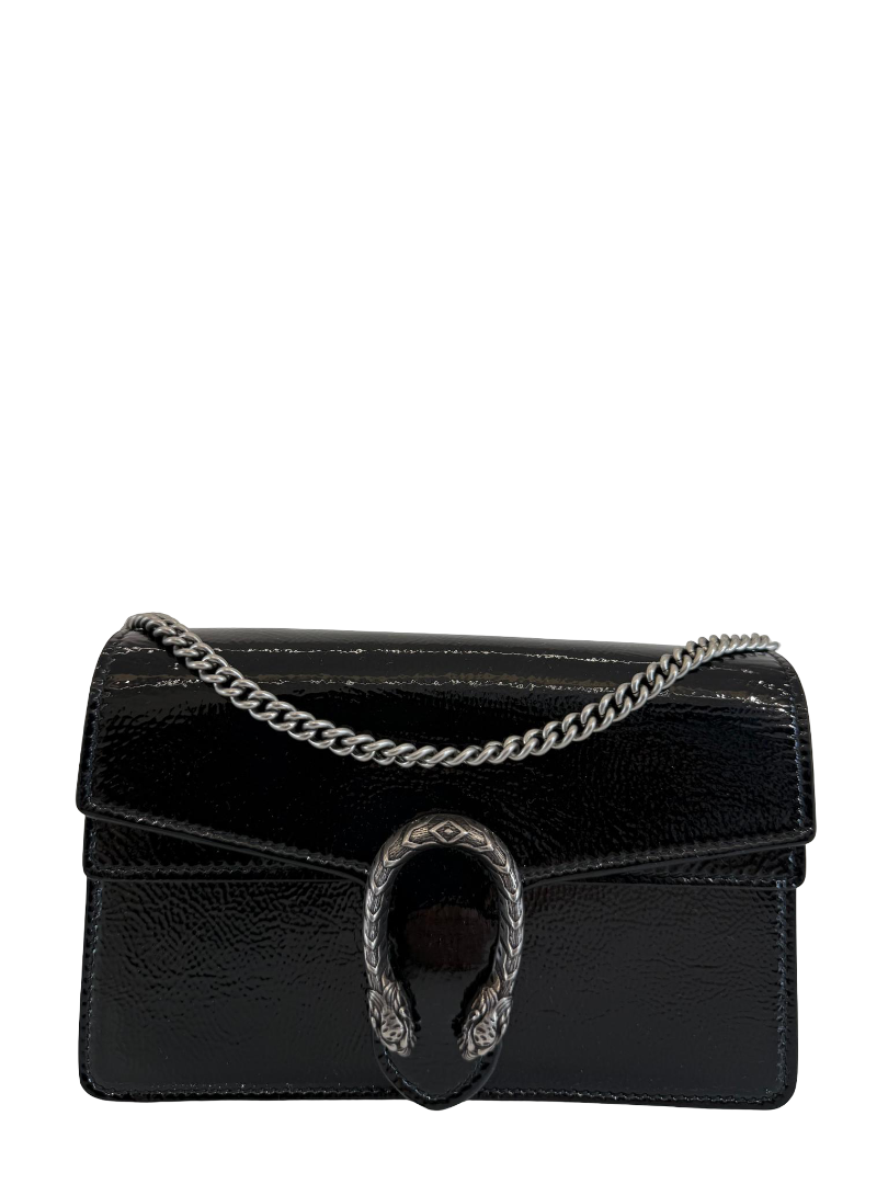 Gucci Mini Dionysus Black Crinkled Patent Leather Bag