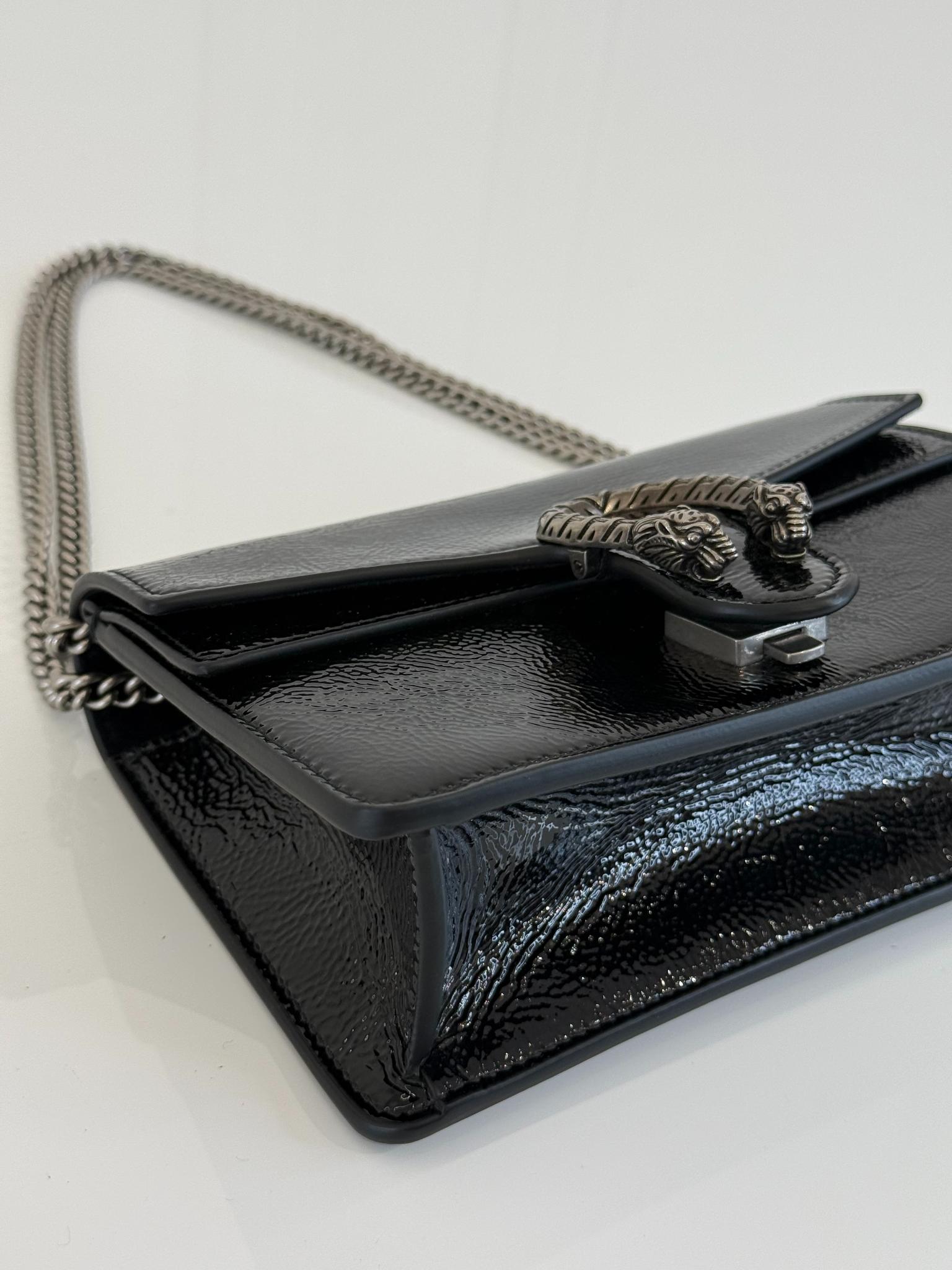 Gucci Mini Dionysus Black Crinkled Patent Leather Bag