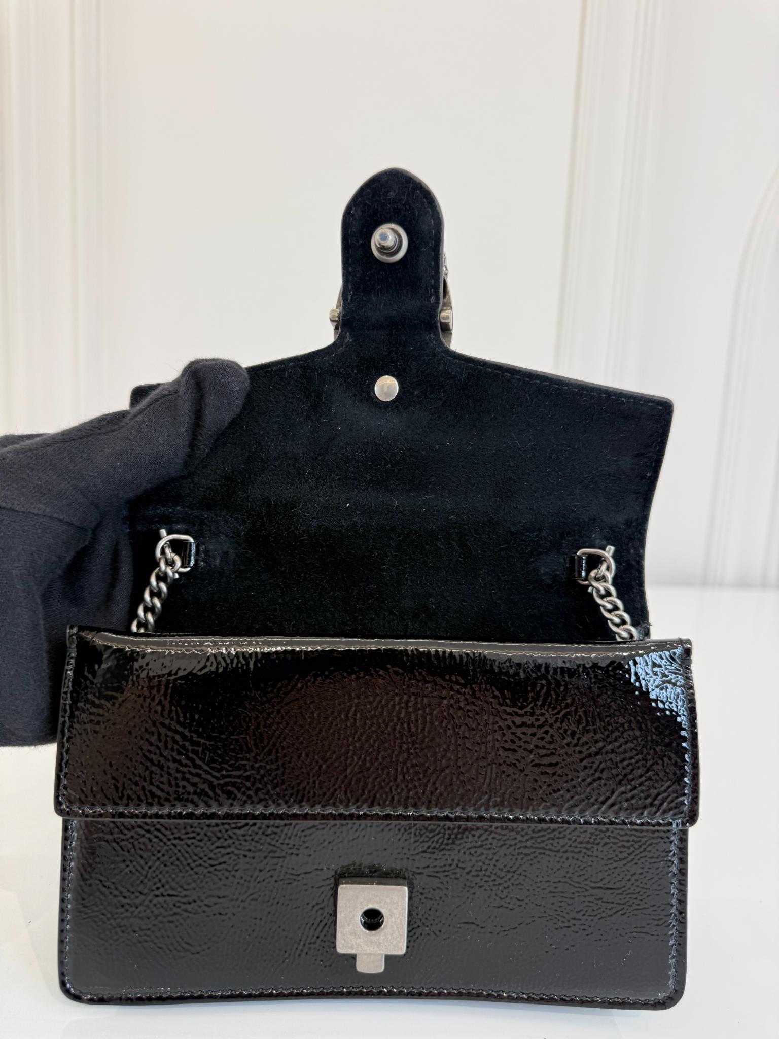 Gucci Mini Dionysus Black Crinkled Patent Leather Bag