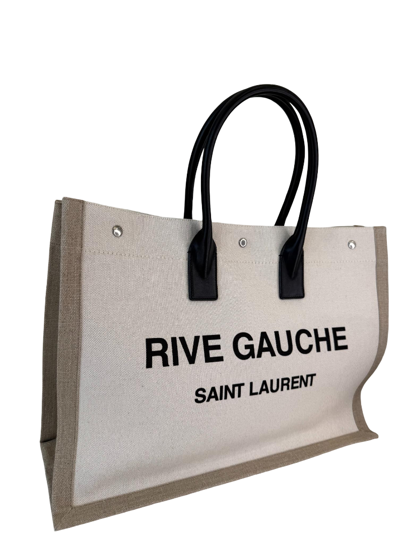 Saint Laurent Rive Gauche Neutral Canvas Black Leather Tote Bag