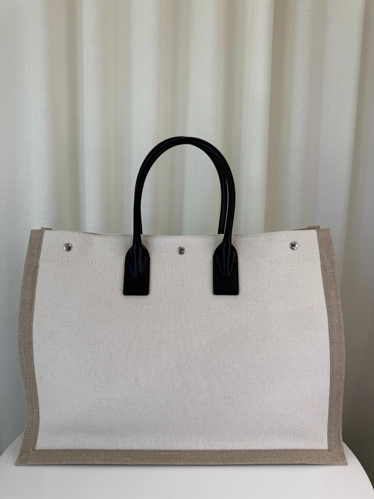 Saint Laurent Rive Gauche Neutral Canvas Black Leather Tote Bag