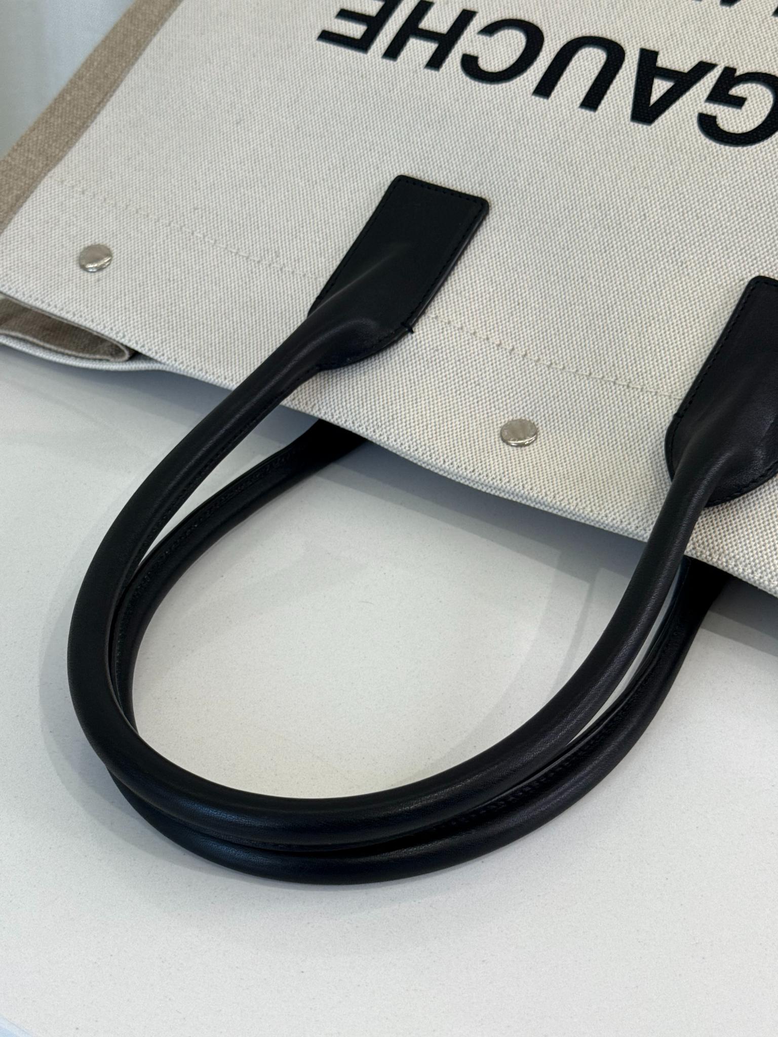 Saint Laurent Rive Gauche Neutral Canvas Black Leather Tote Bag