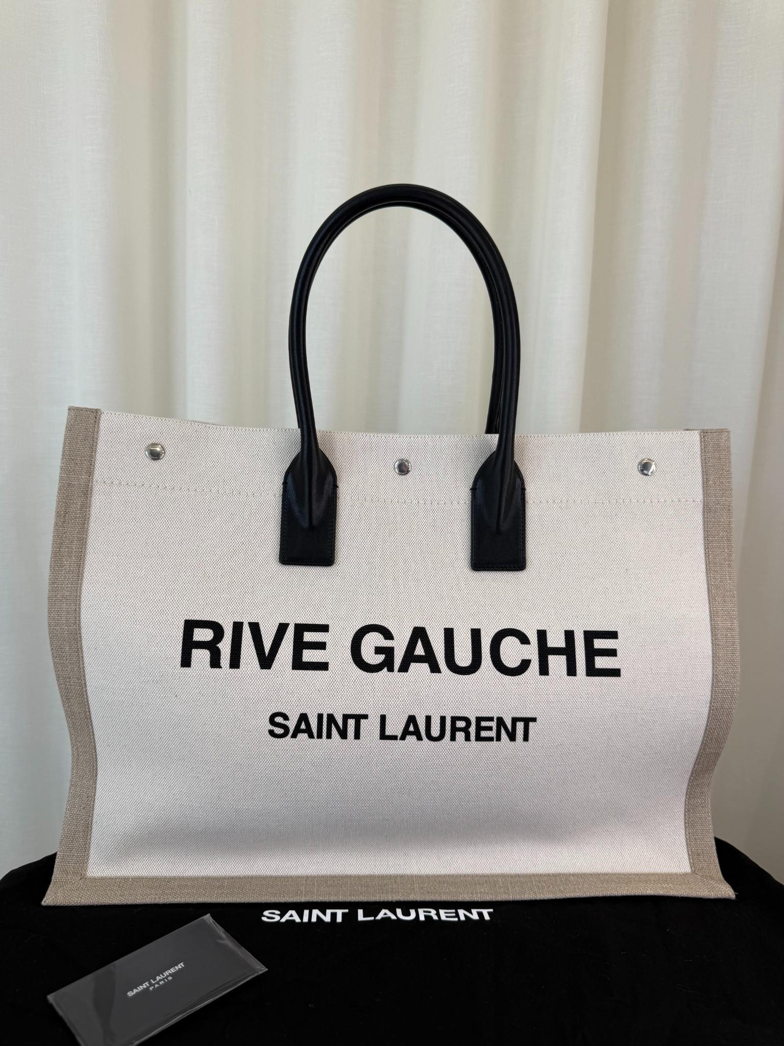 Saint Laurent Rive Gauche Neutral Canvas Black Leather Tote Bag