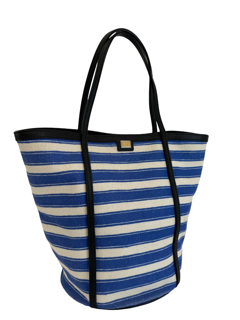 Dolce Gabbana Blue Striped Canvas Tote Bag