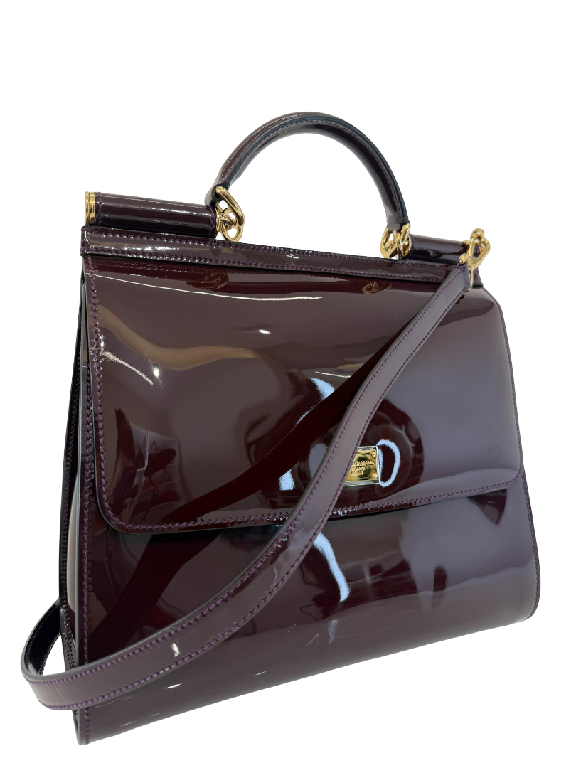 Dolce Gabbana Burgundy Patent Leather Large Miss Sicily Top Handle Bag