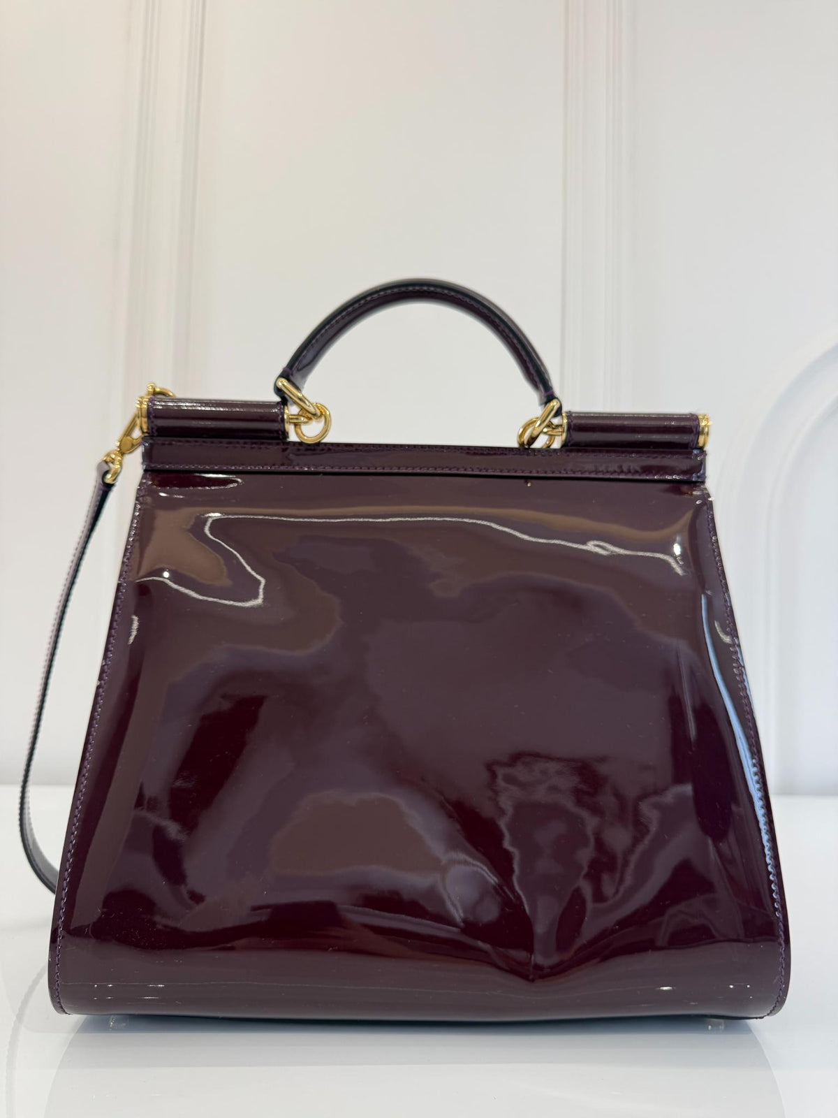 Dolce Gabbana Burgundy Patent Leather Large Miss Sicily Top Handle Bag