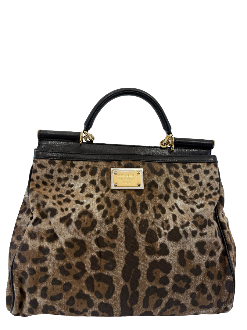 Dolce Gabbana Leopard Print Denim Miss Sicily Top Handle Bag