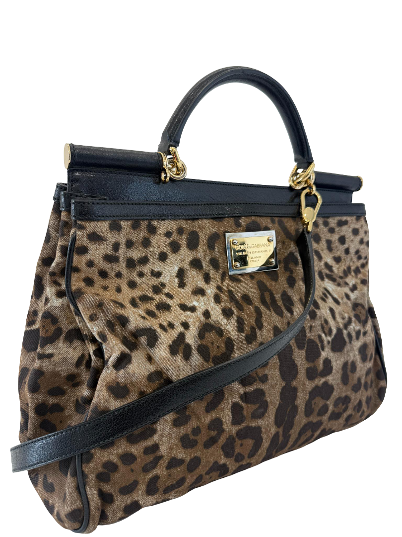 Dolce Gabbana Leopard Print Denim Miss Sicily Top Handle Bag