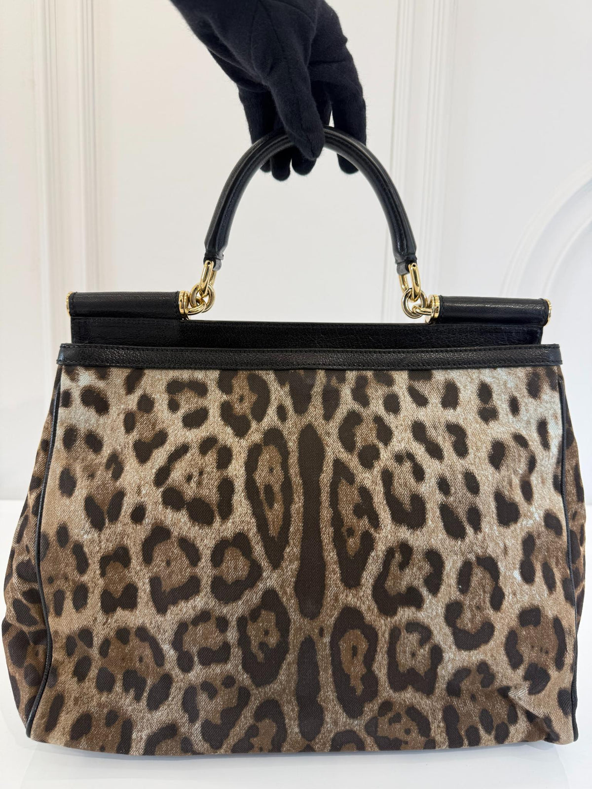 Dolce Gabbana Leopard Print Denim Miss Sicily Top Handle Bag