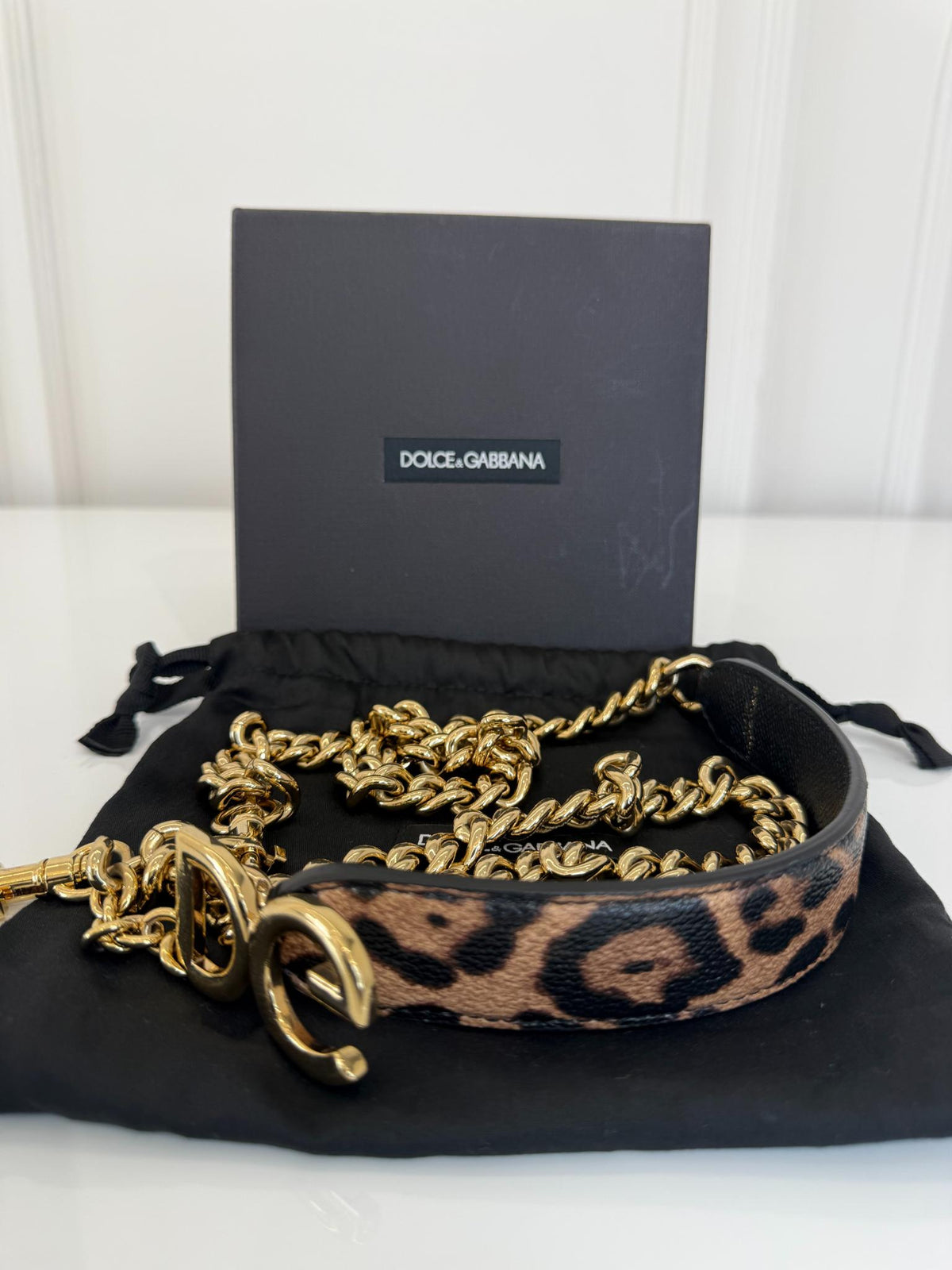 Dolce Gabbana Leopard Print DG Monogram Logo Buckle Chain Strap