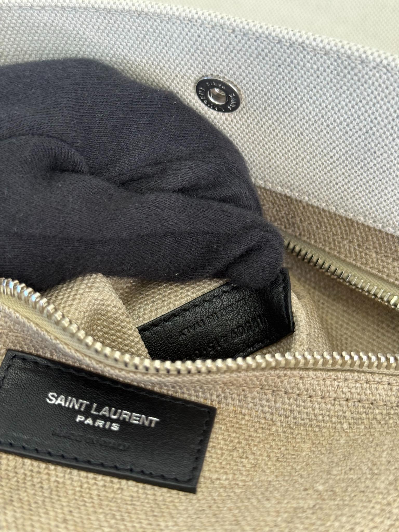 Saint Laurent Rive Gauche Neutral Canvas Black Leather Tote Bag