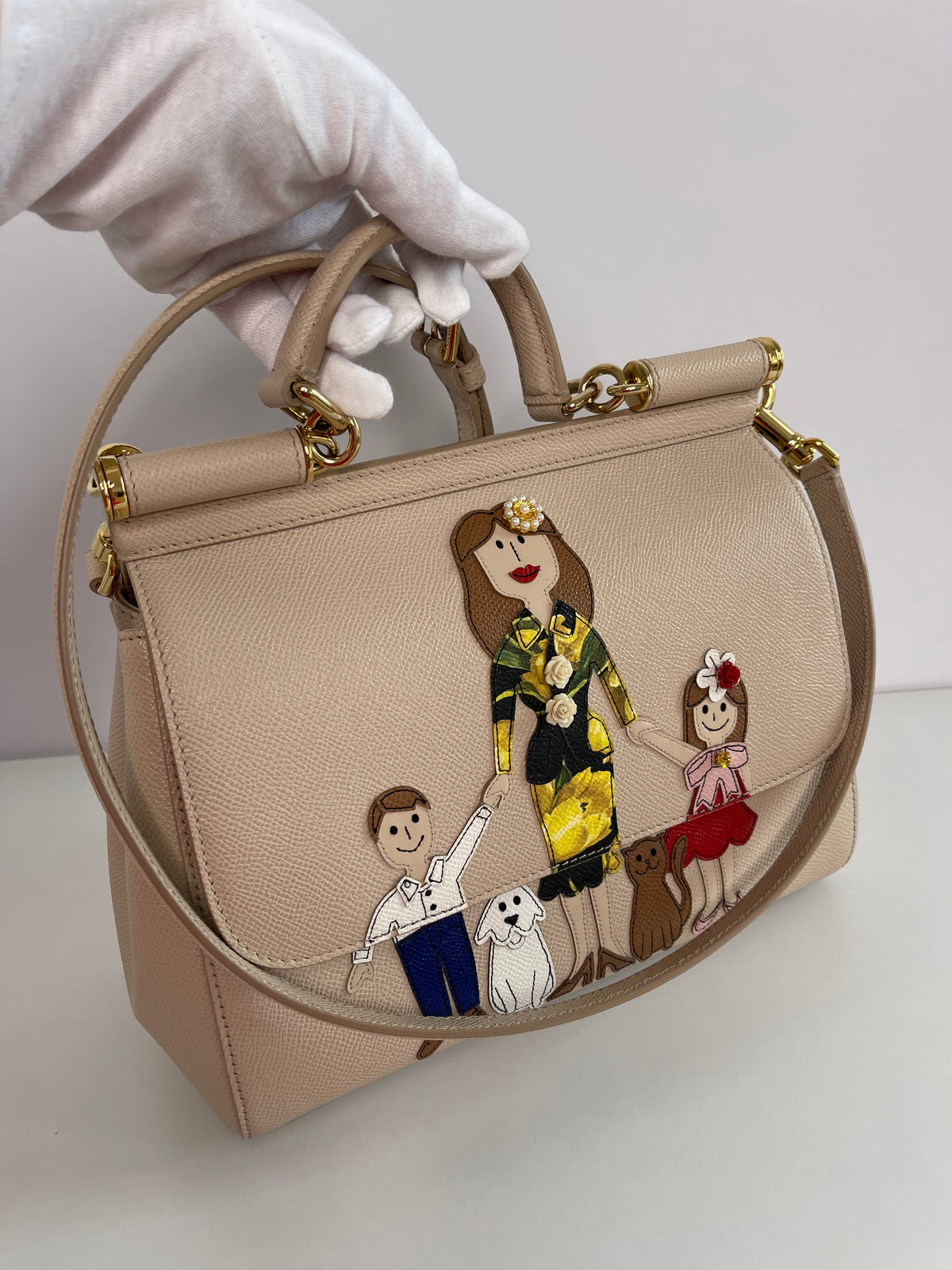 Dolce Gabbana Medium Miss Sicily Family Patch Beige Dauphine Leather