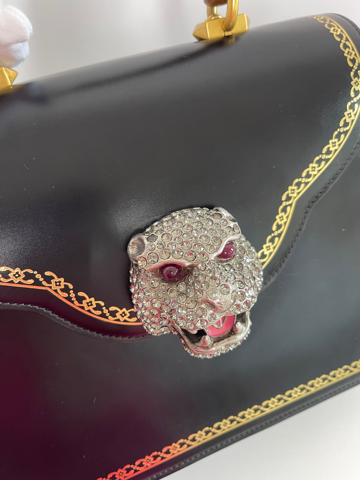 Gucci Thiara Black Bambo Top Handle Crystal Tiger Bag