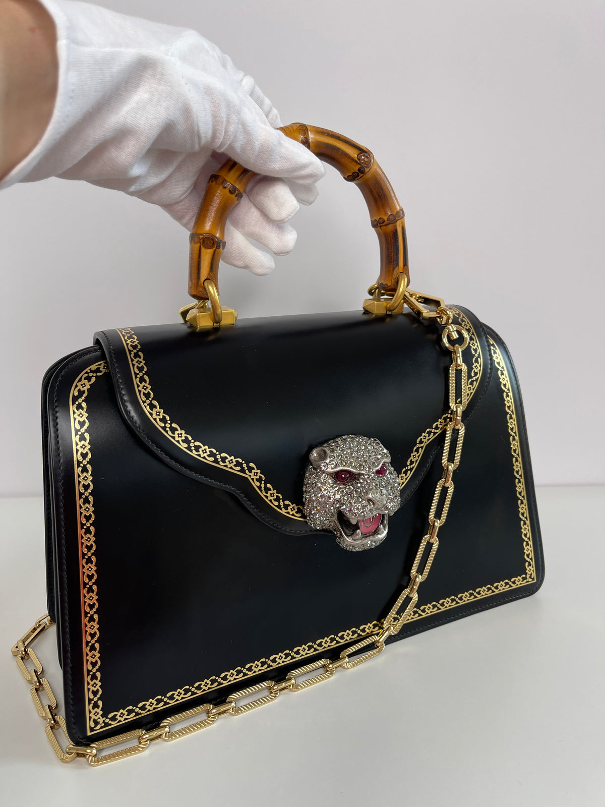 Gucci Thiara Black Bambo Top Handle Crystal Tiger Bag