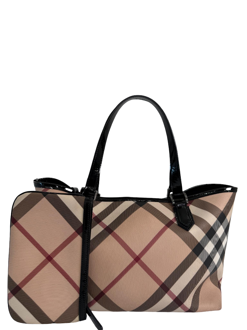 Burberry Beige/Black Patent Leather Burberry Nickie Tote With Pouch