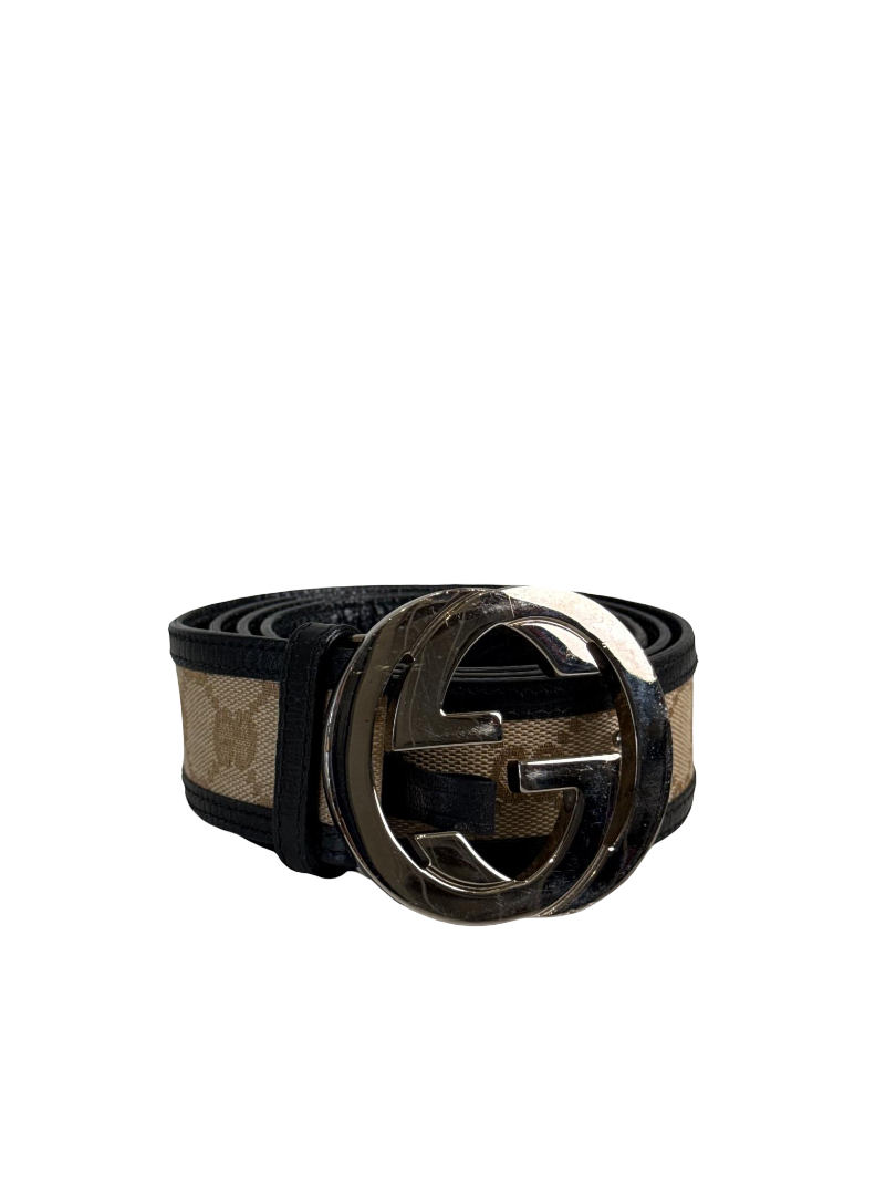 Gucci Brown/Beige GG Canvas and Leather Interlocking G Buckle Belt 95 CM
