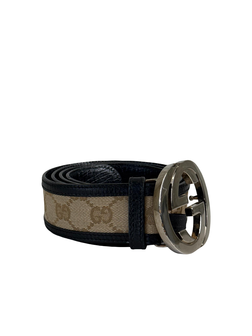 Gucci Brown/Beige GG Canvas and Leather Interlocking G Buckle Belt 95 CM