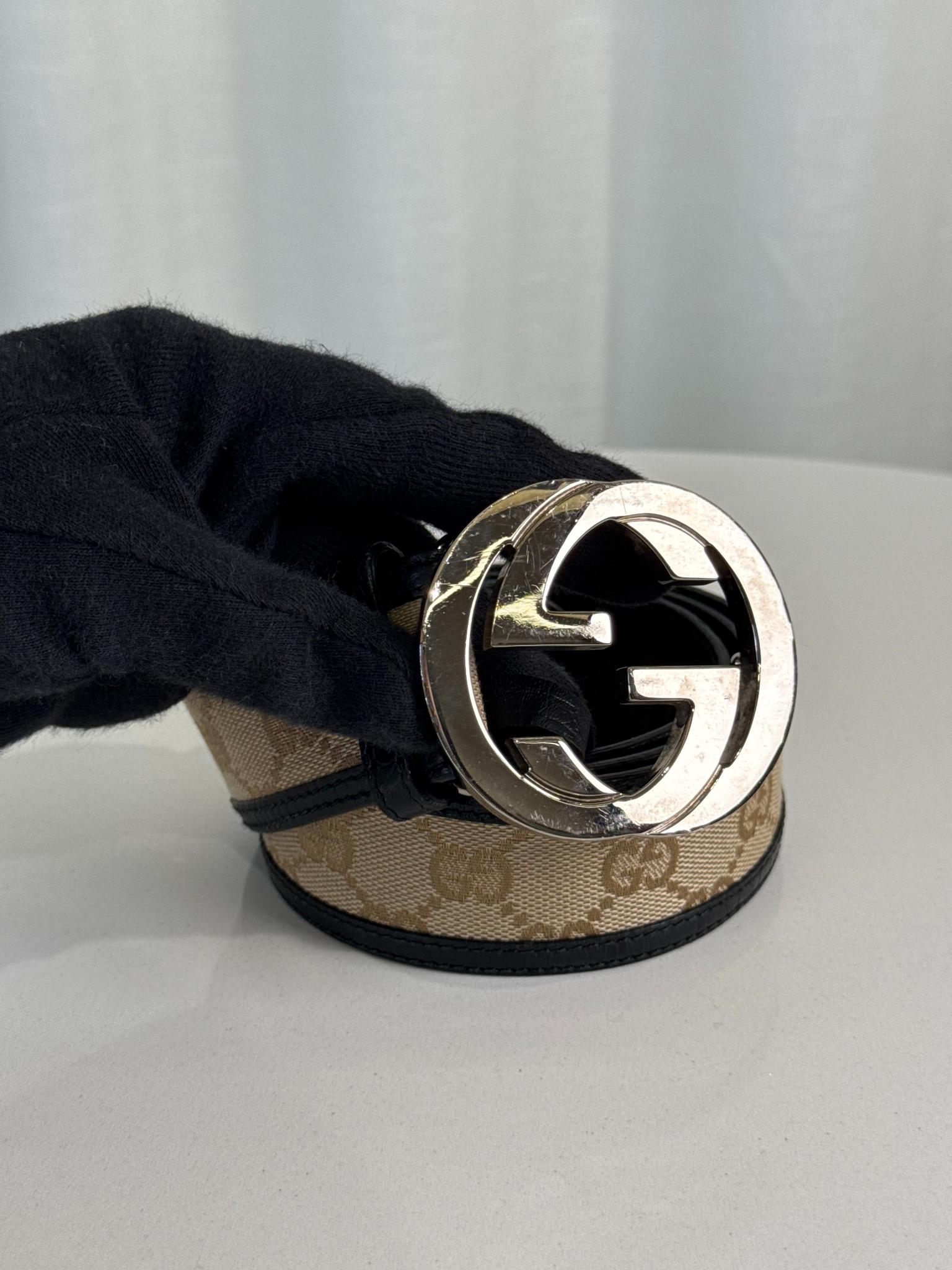Gucci Brown/Beige GG Canvas and Leather Interlocking G Buckle Belt 95 CM