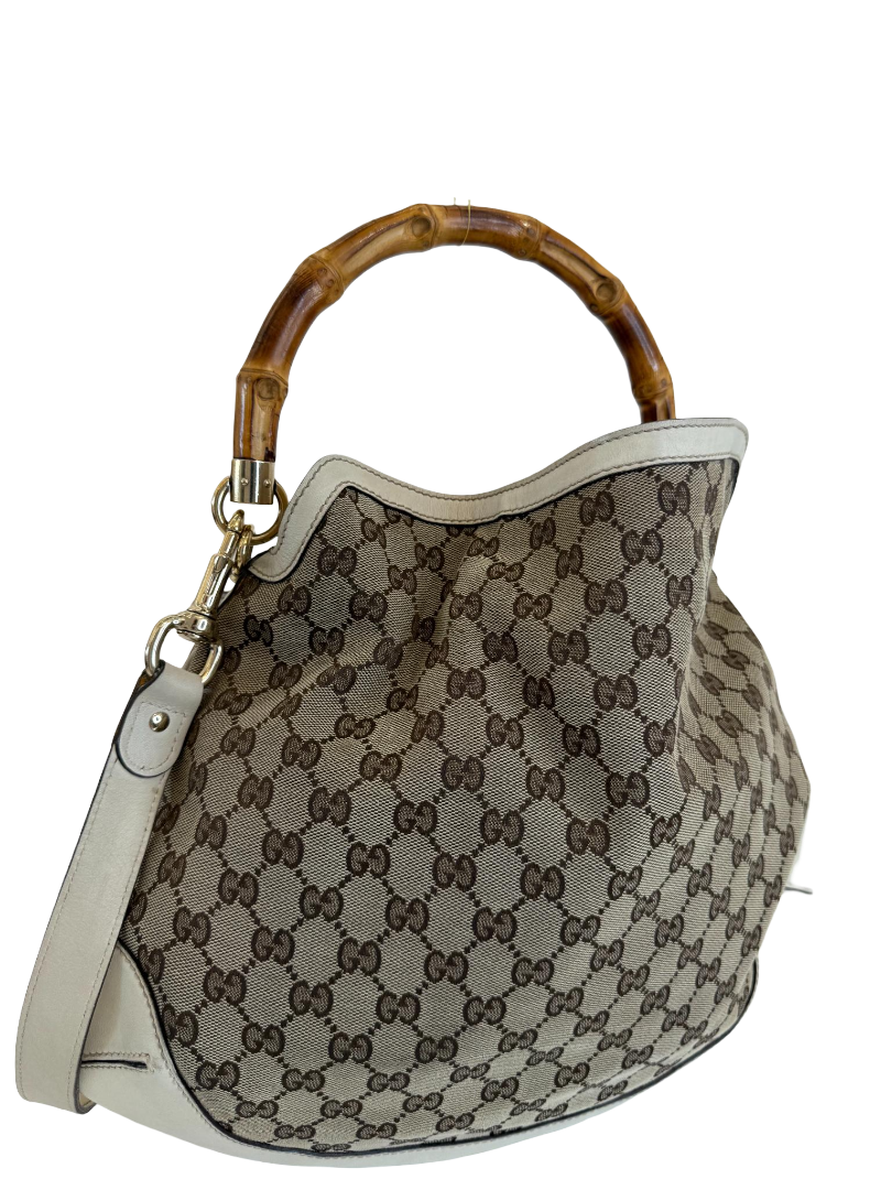 Gucci Beige/White GG Canvas Peggy Bamboo Shoulder Bag