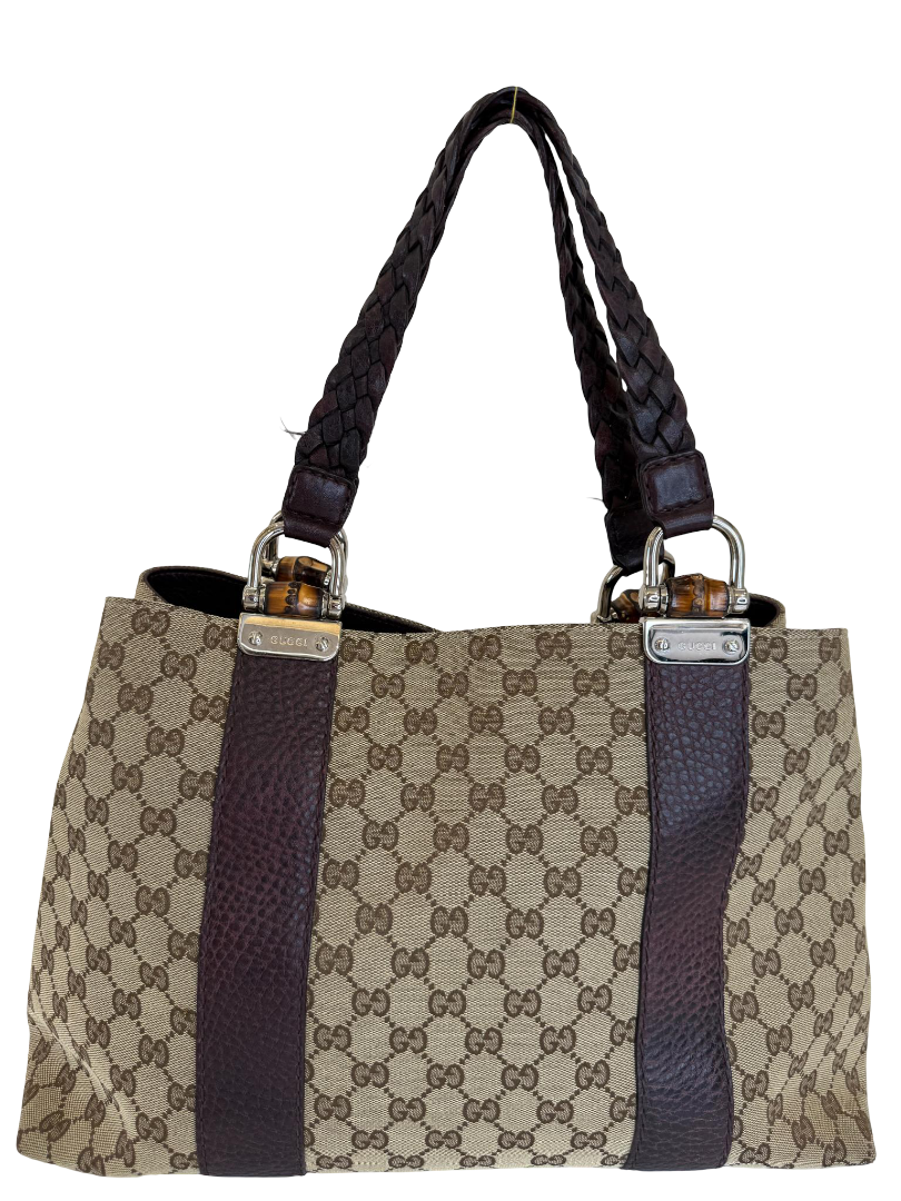 Gucci Beige/DarkPurple GG Canvas/Leather Medium Bamboo Bar Tote