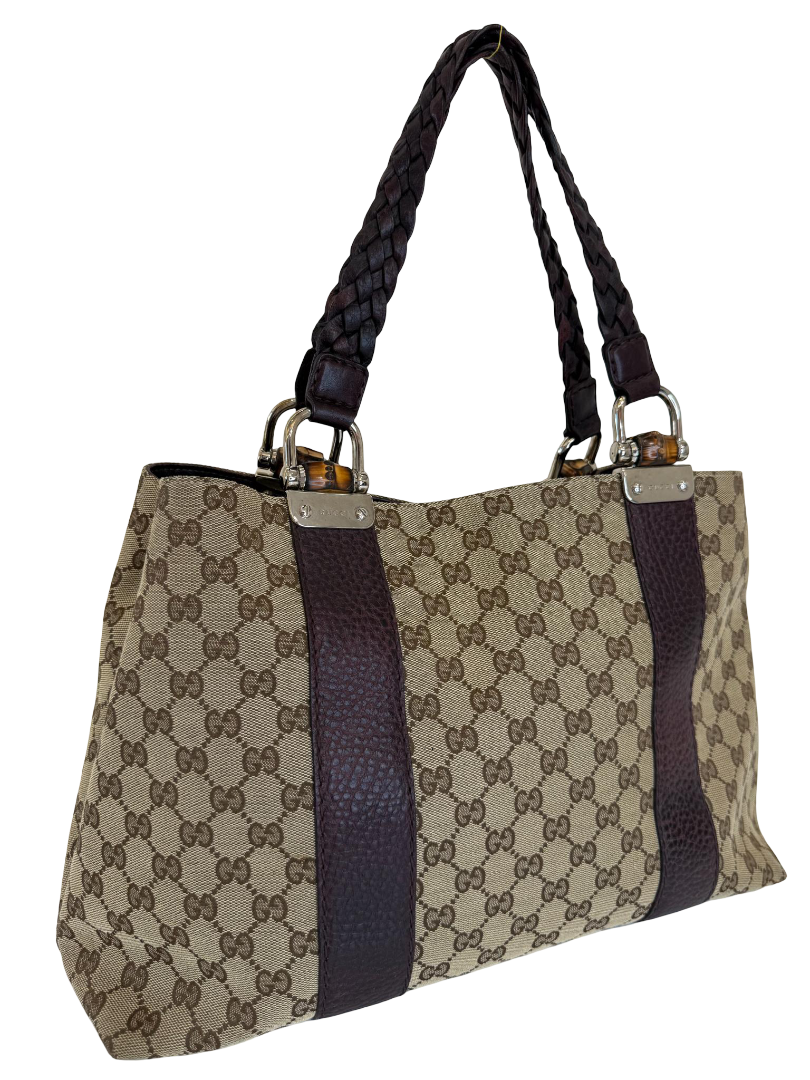 Gucci Beige/DarkPurple GG Canvas/Leather Medium Bamboo Bar Tote