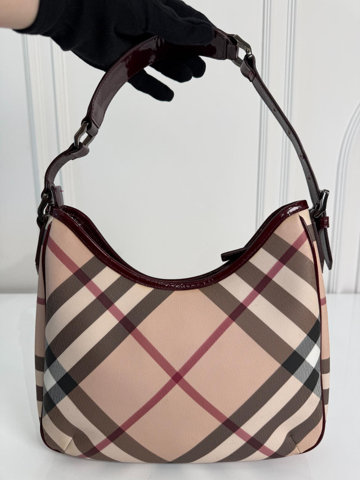 Burberry Burgundy Patent Leather Supernova Coated Canvas Barton Hobo Bag