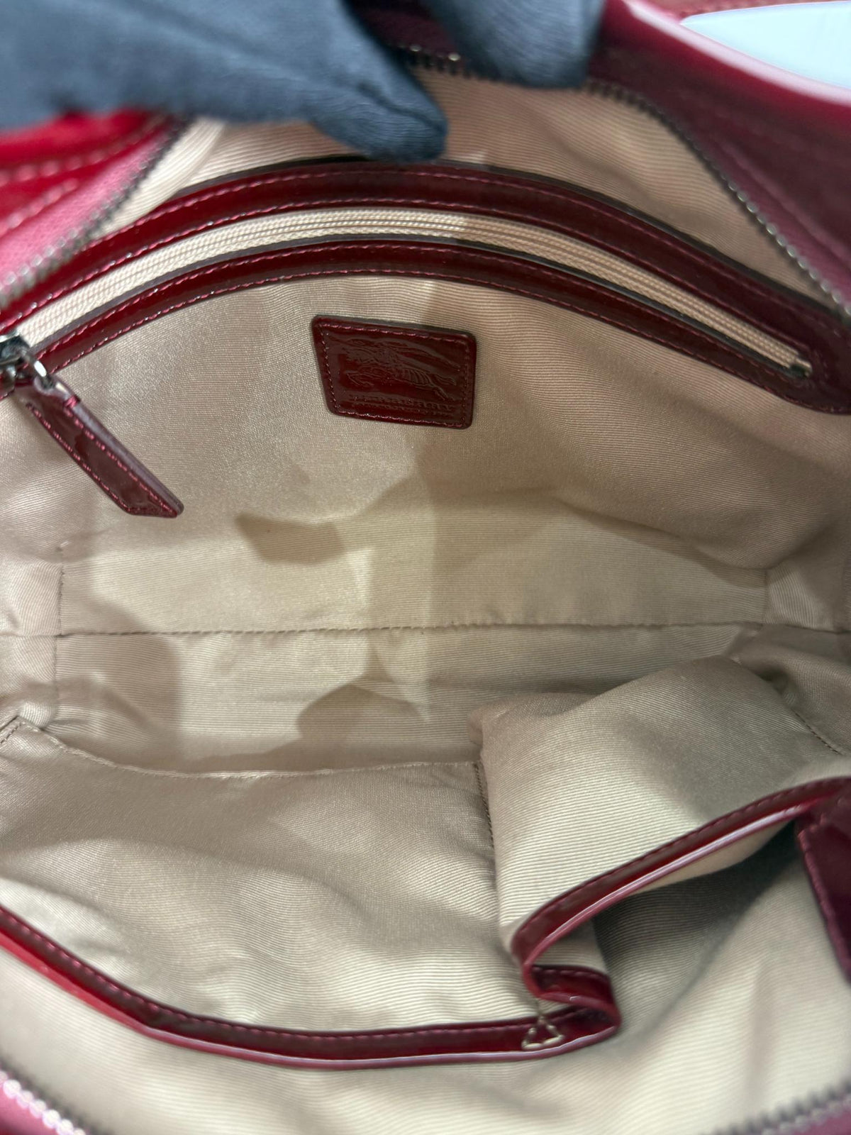 Burberry Burgundy Patent Leather Supernova Coated Canvas Barton Hobo Bag