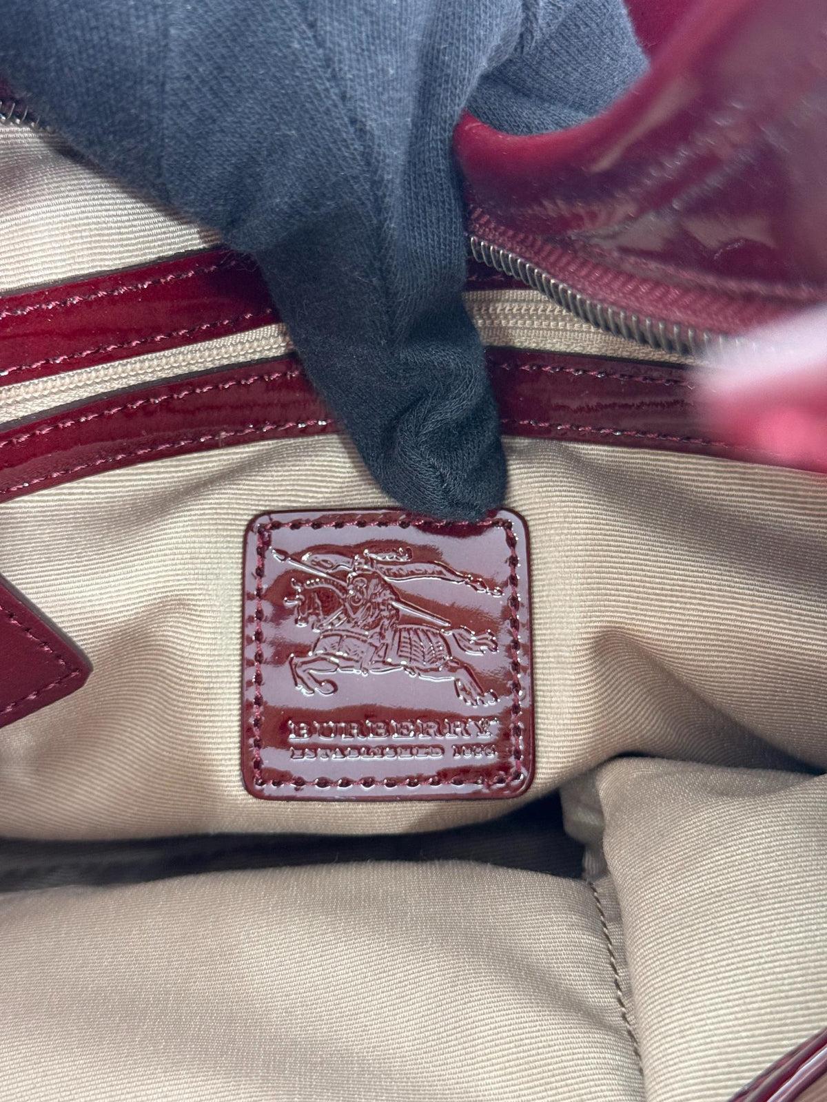 Burberry Burgundy Patent Leather Supernova Coated Canvas Barton Hobo Bag