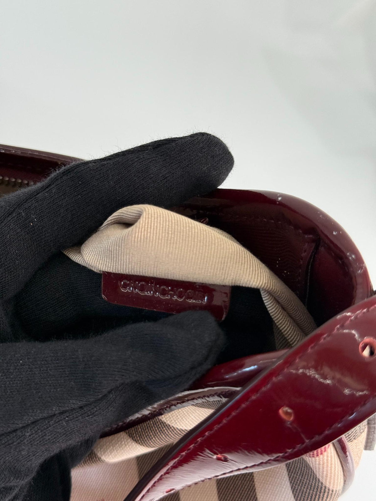 Burberry Burgundy Patent Leather Supernova Coated Canvas Barton Hobo Bag