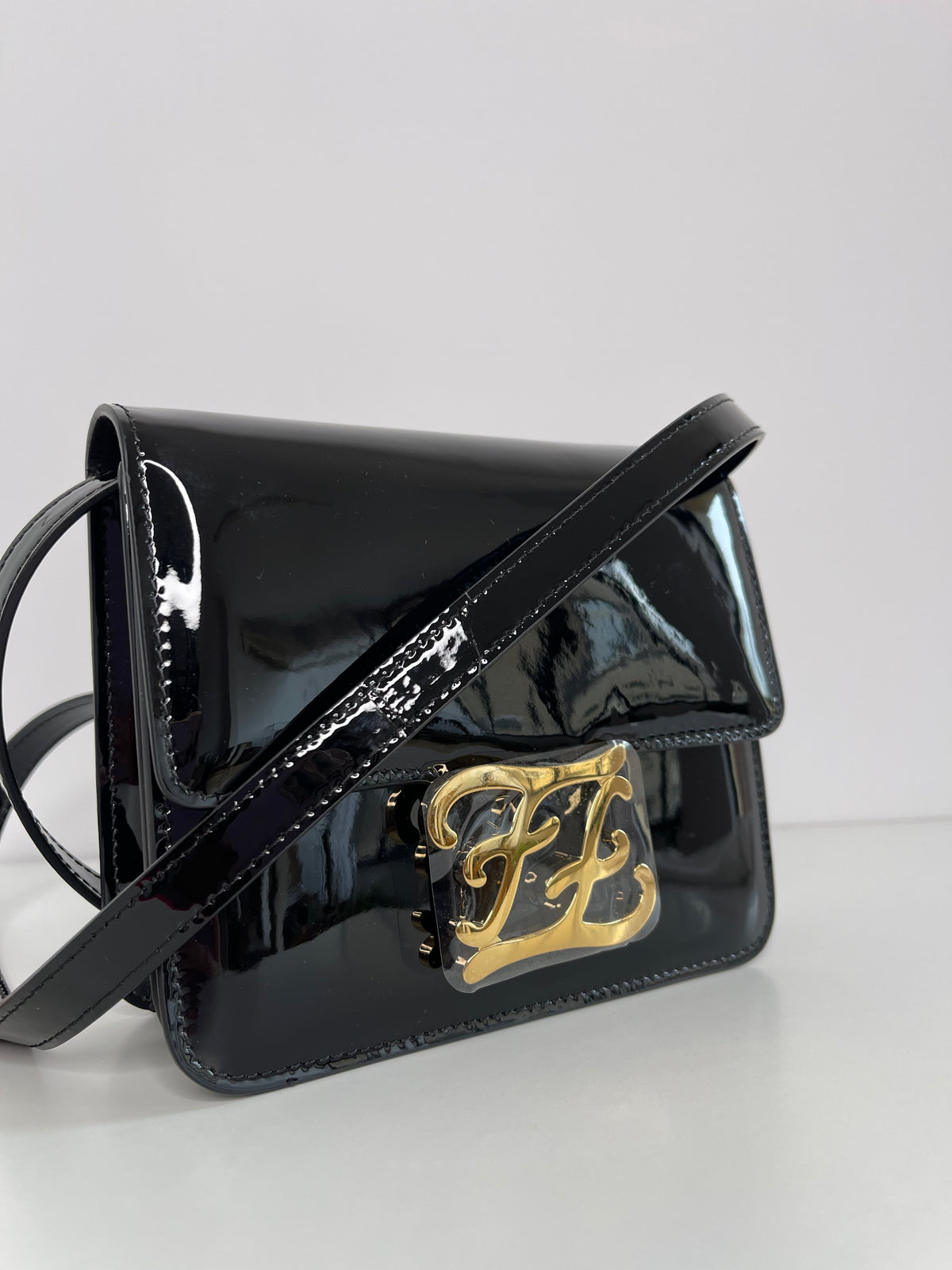 Fendi Karligraphy Black Patent Leather Crossbody Bag