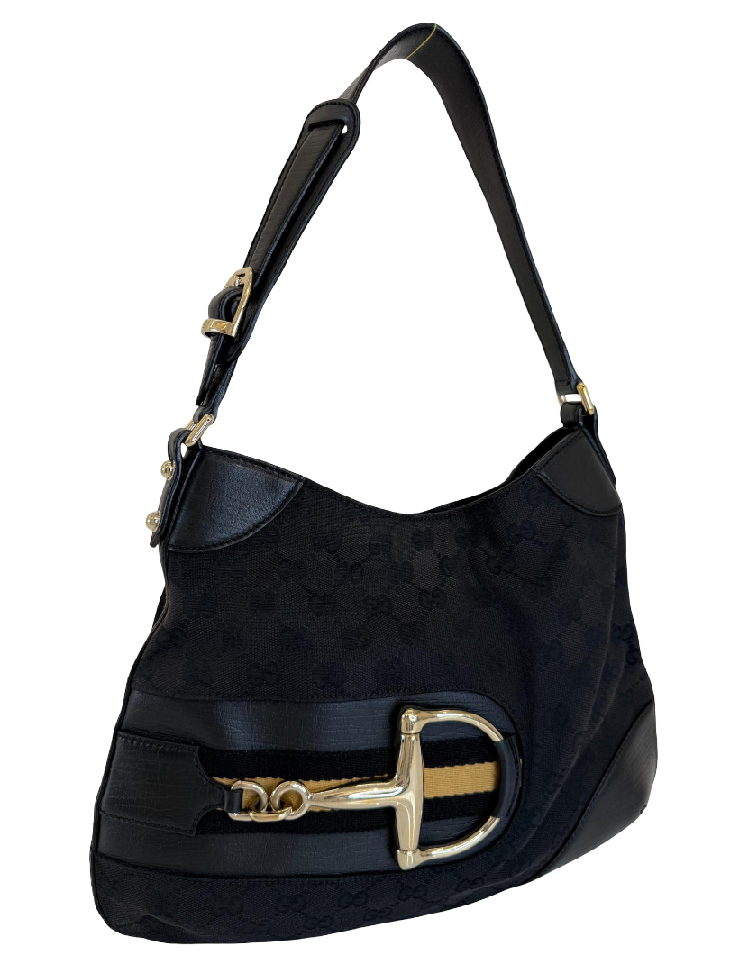 Gucci Horsebit Black GG Canvas Hasler Hobo Bag