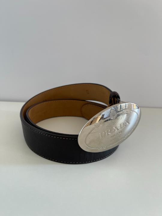 Prada Silver Buckle Dark Brown Leather Belt