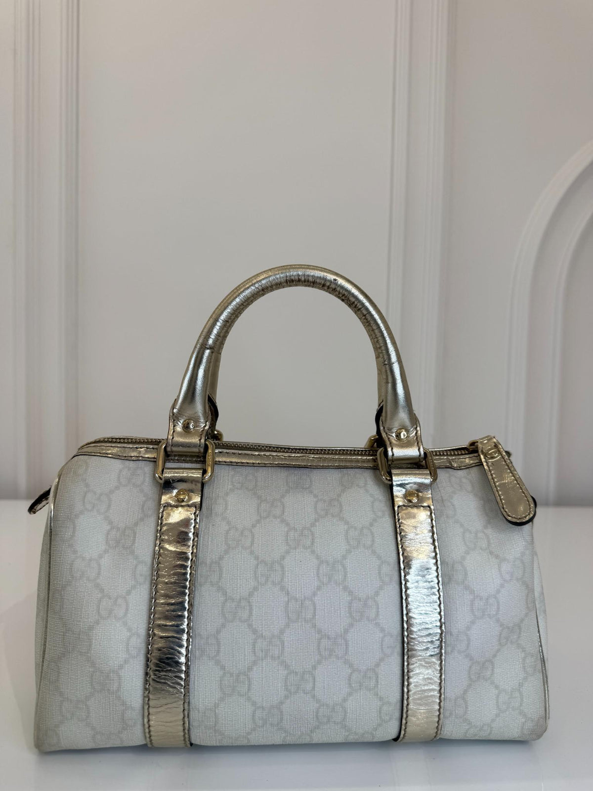 Gucci Small White/Silver GG Coated Canvas Joy Boston Bag