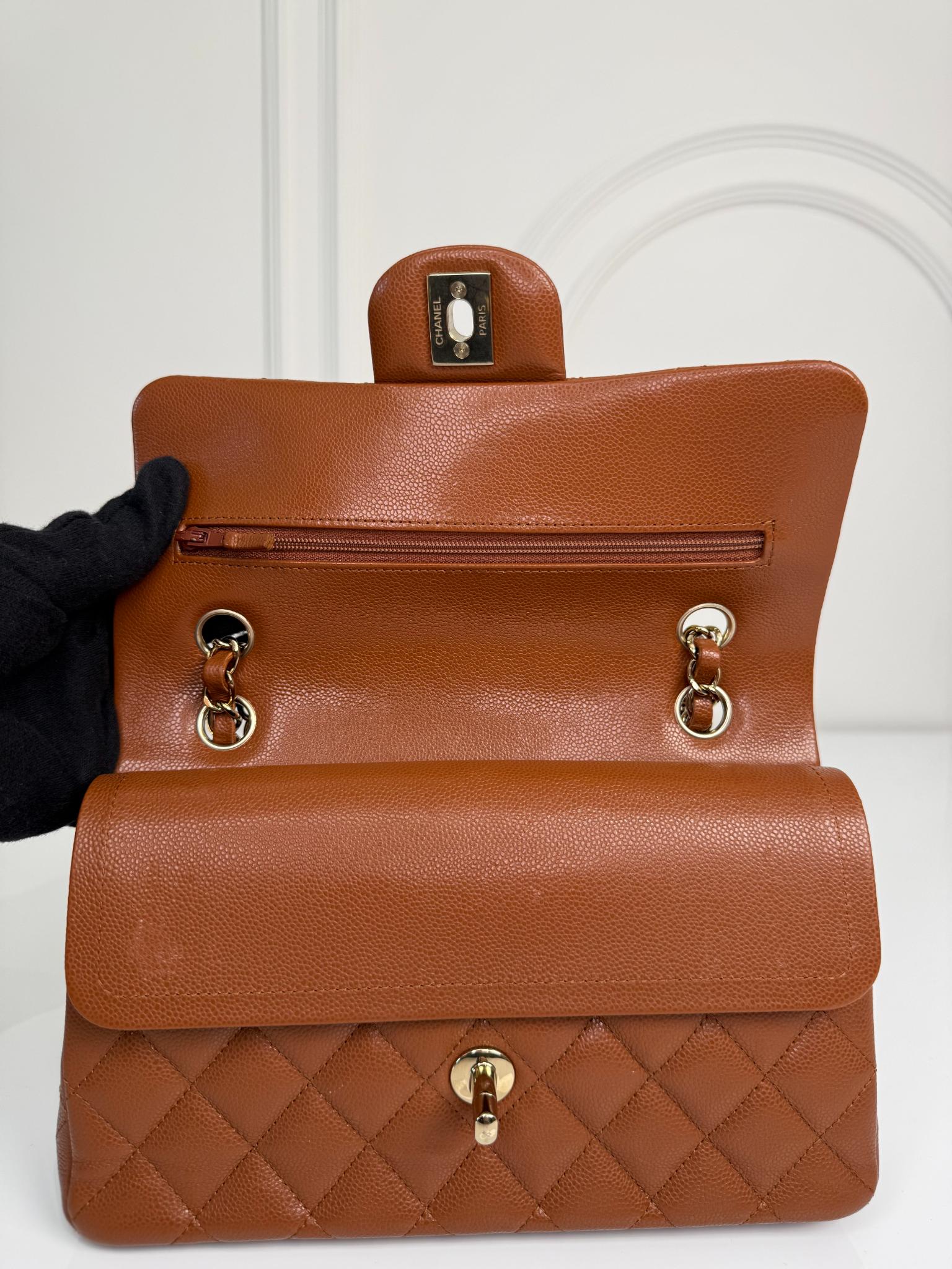Chanel Classic Double Flap Small Light Brown Caviar Shoulder Bag