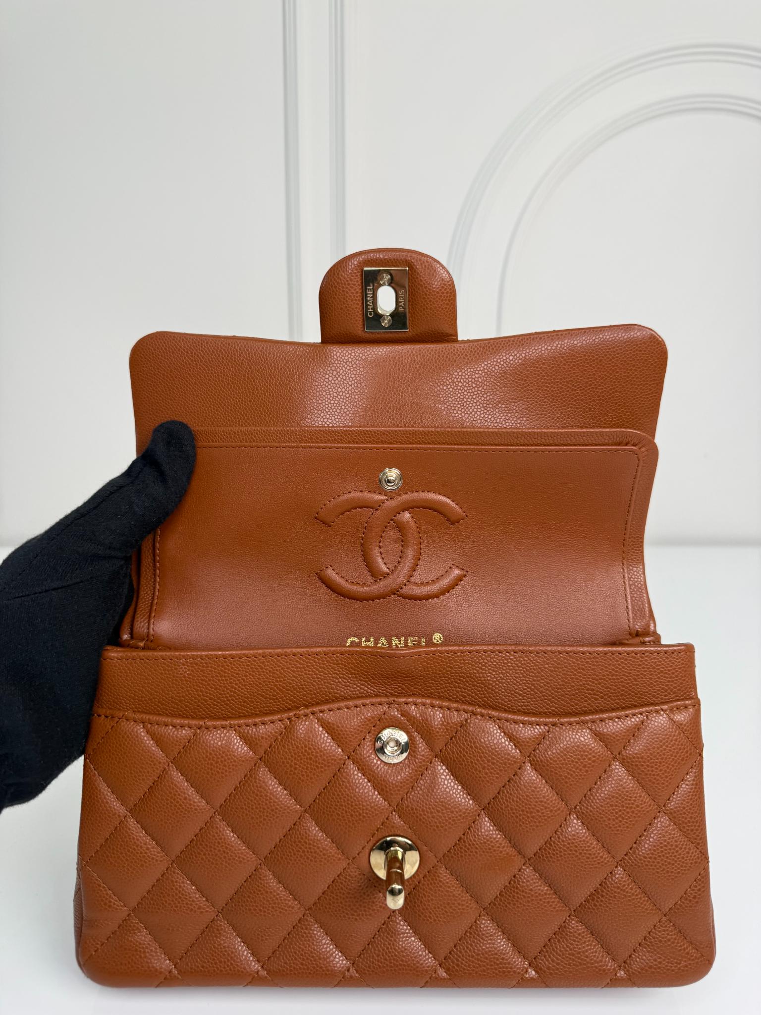 Chanel Classic Double Flap Small Light Brown Caviar Shoulder Bag