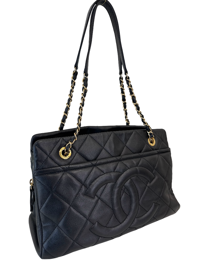 Chanel CC Timeless Black Quilted Caviar Leather Shopping Tote Bag