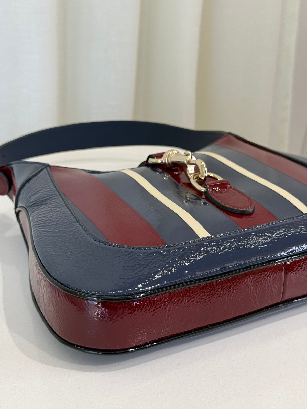 Gucci Small Jackie 1961 Red/Blue Glossy Striped Leather Hobo Bag