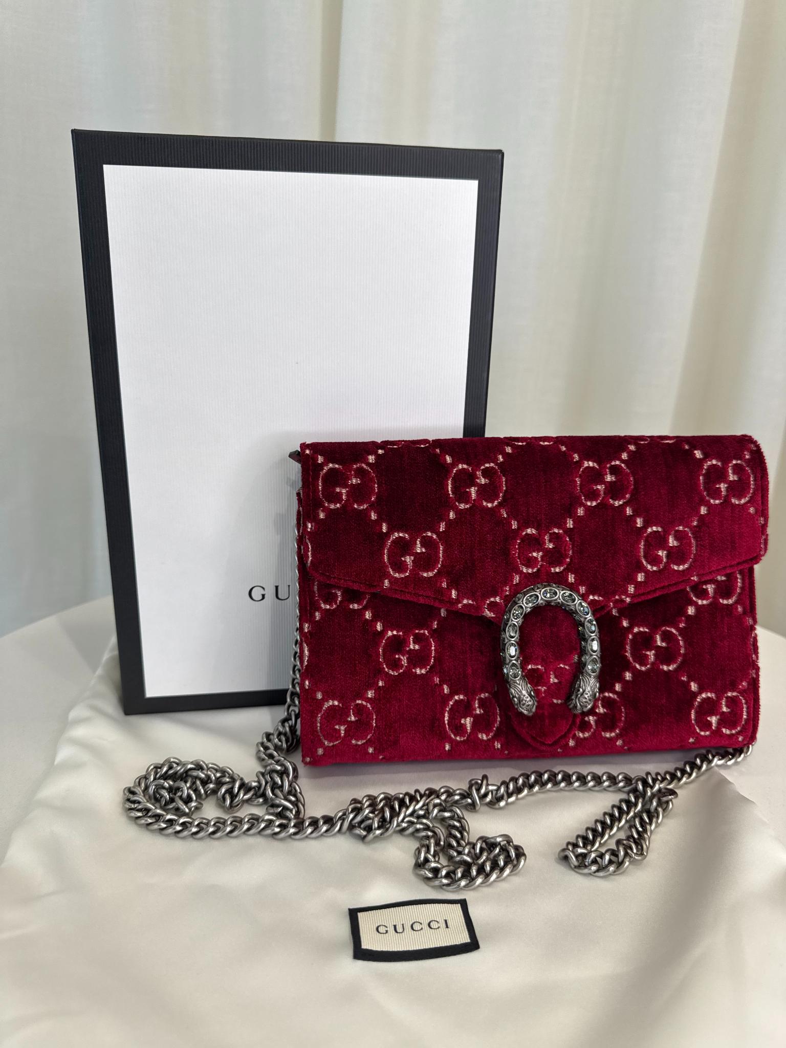 Gucci Red GG Velvet Mini Dionysus Wallet on Chain