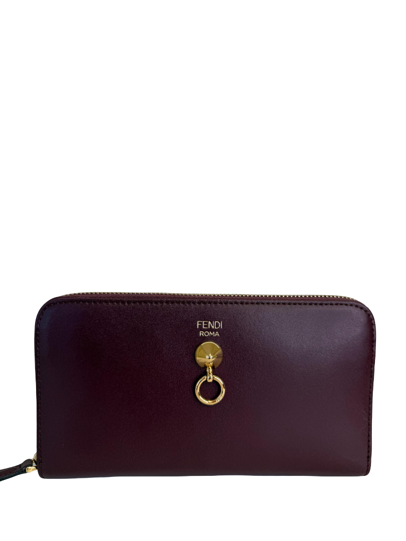 Fendi Burgundy Leather Dotcom Zip Around Wallet
