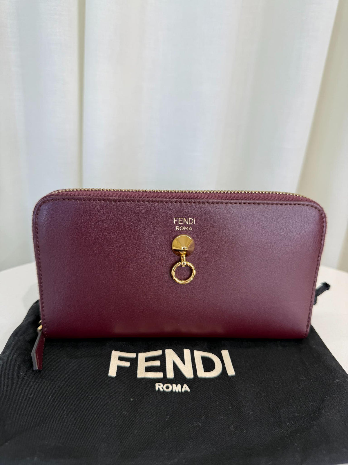 Fendi Burgundy Leather Dotcom Zip Around Wallet