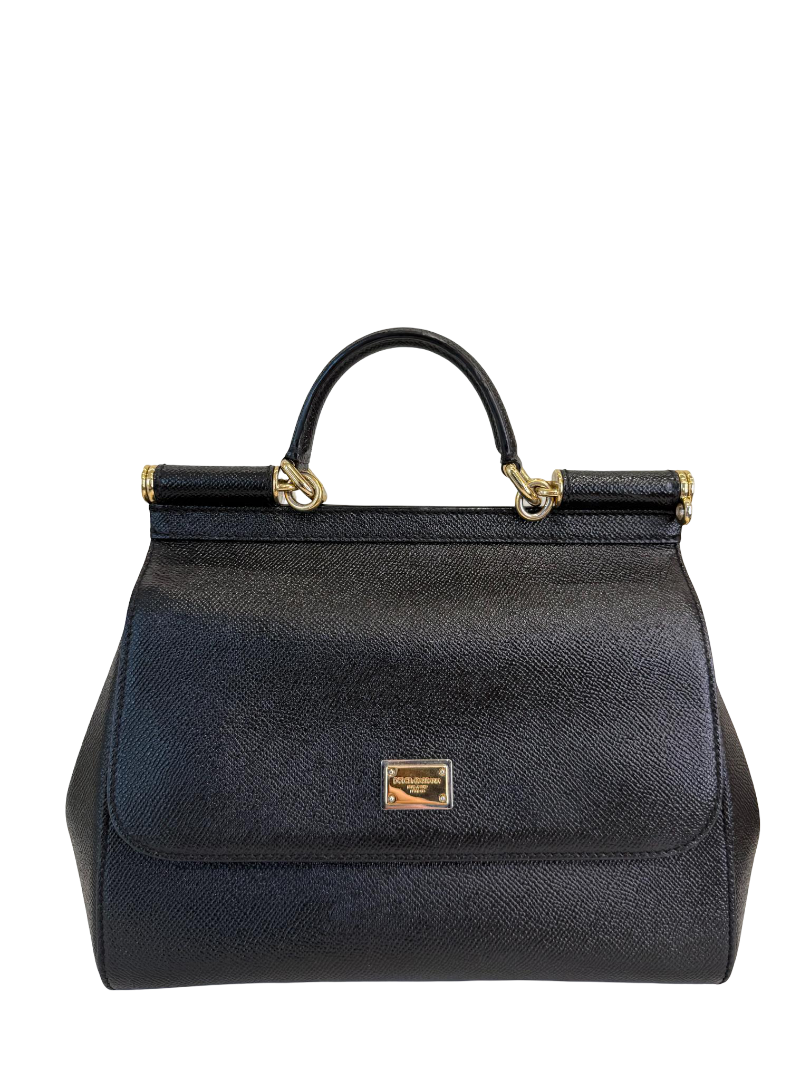 Dolce Gabbana Black Dauphine Leather Medium Miss Sicily Top Handle Bag