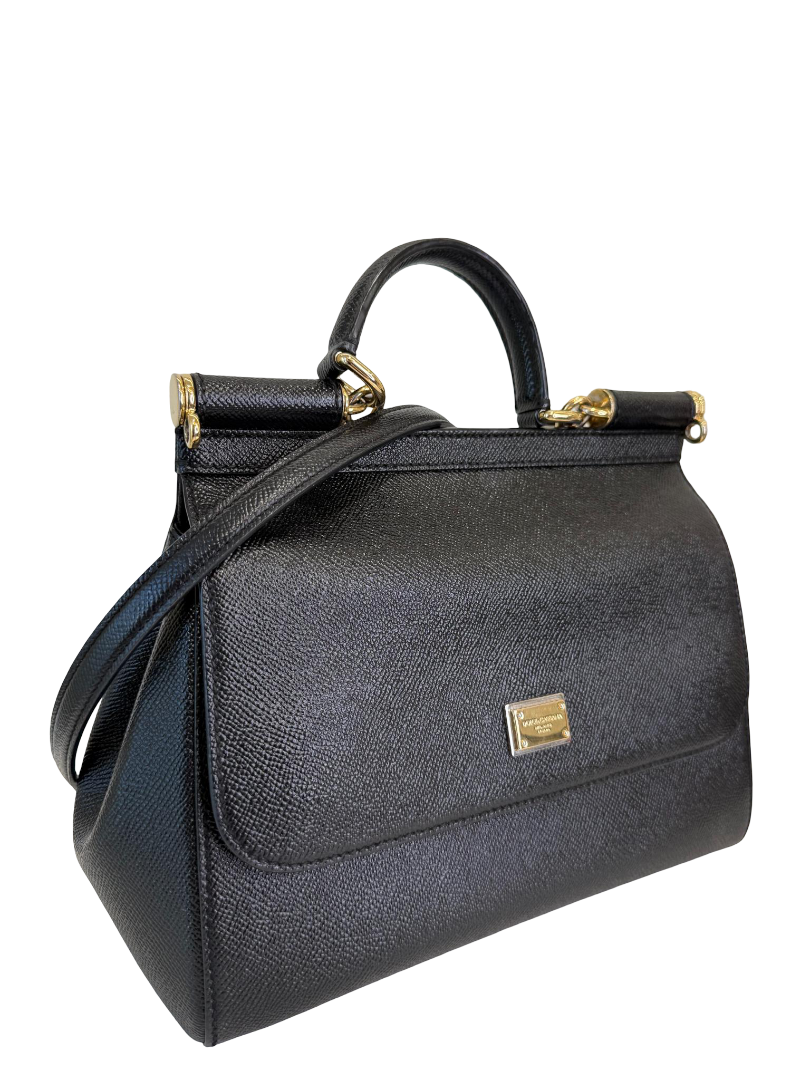 Dolce Gabbana Black Dauphine Leather Medium Miss Sicily Top Handle Bag