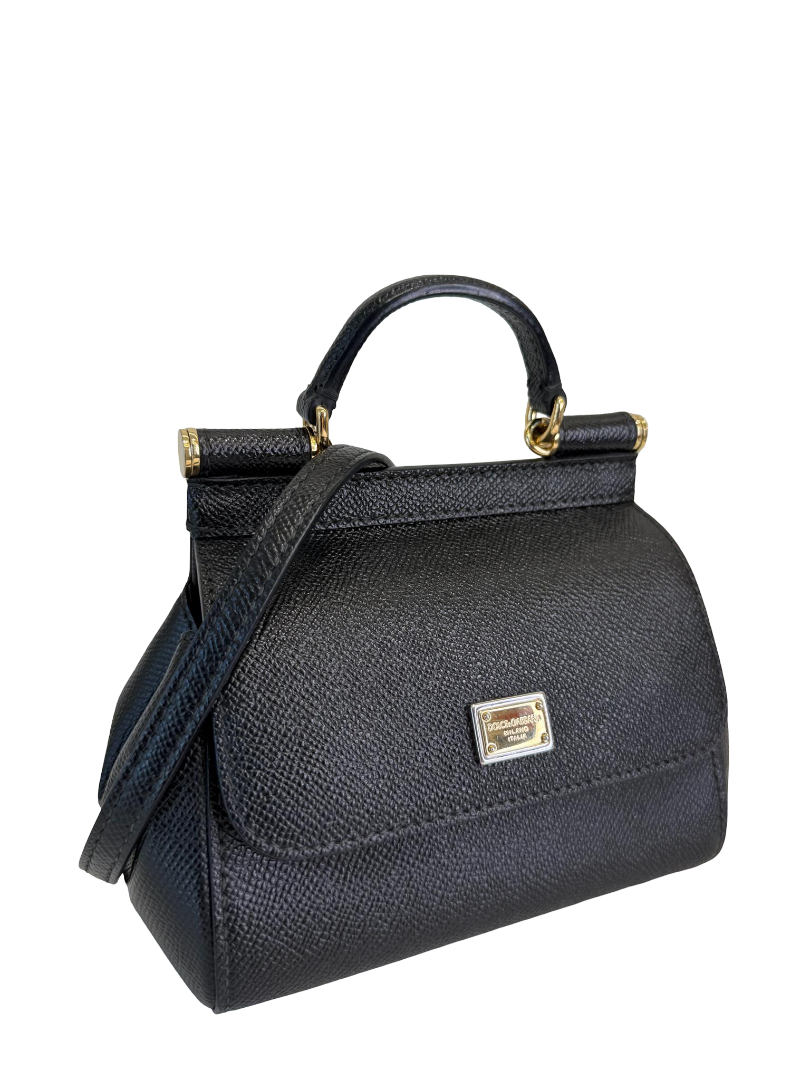 Dolce Gabbana Black Dauphine Leather Mini Miss Sicily Top Handle Bag